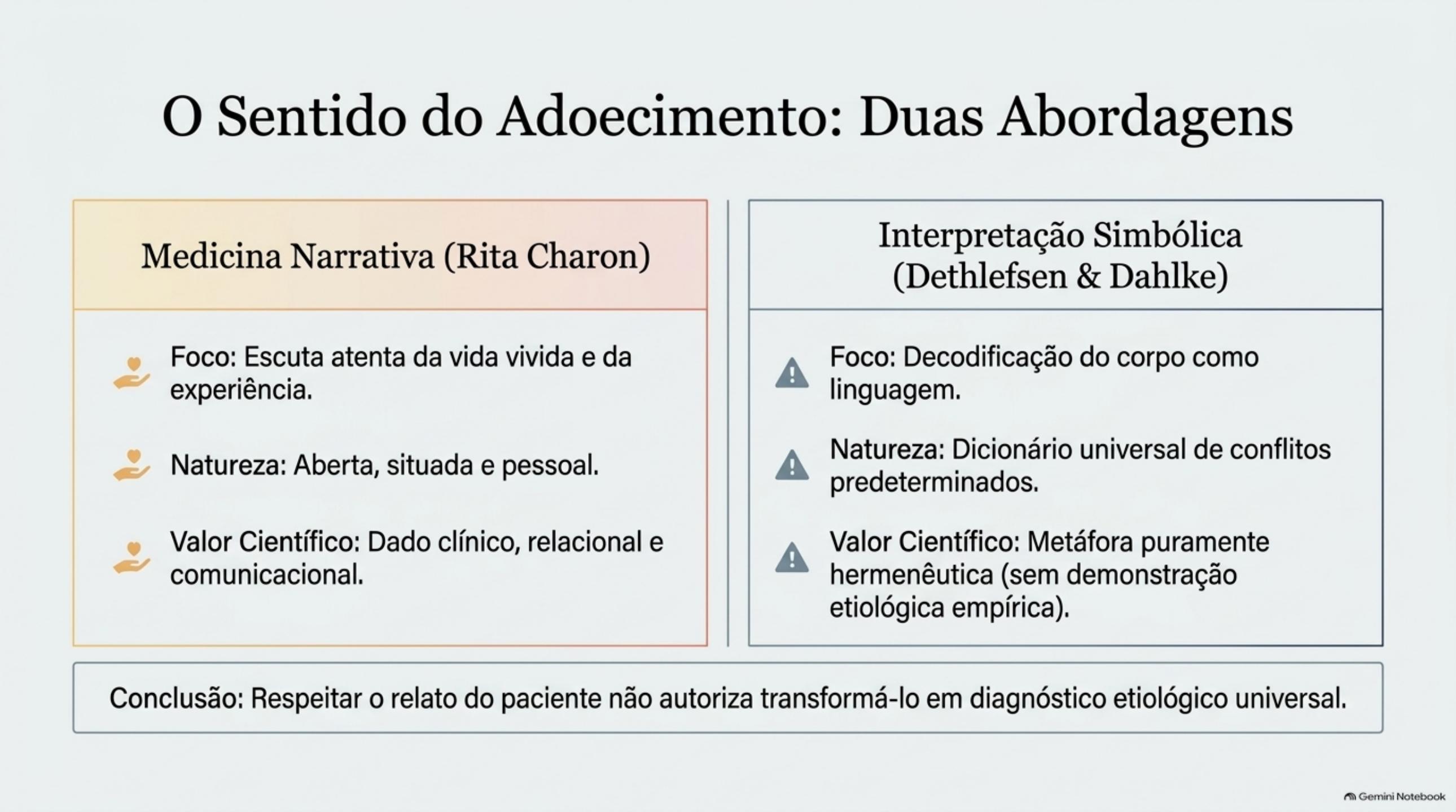 Comparação entre medicina narrativa e interpretação simbólica do adoecimento.