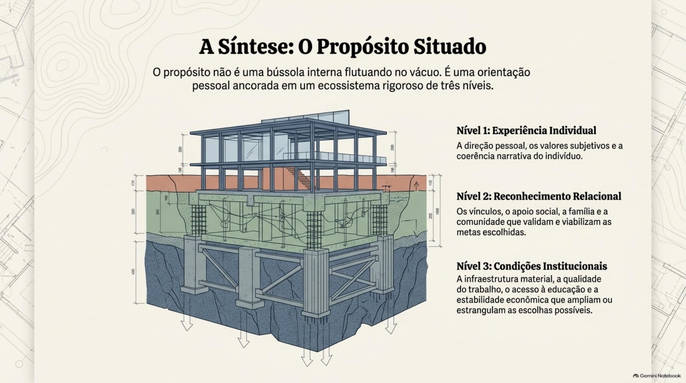 Construção em três níveis representando experiência individual, reconhecimento relacional e condições institucionais.